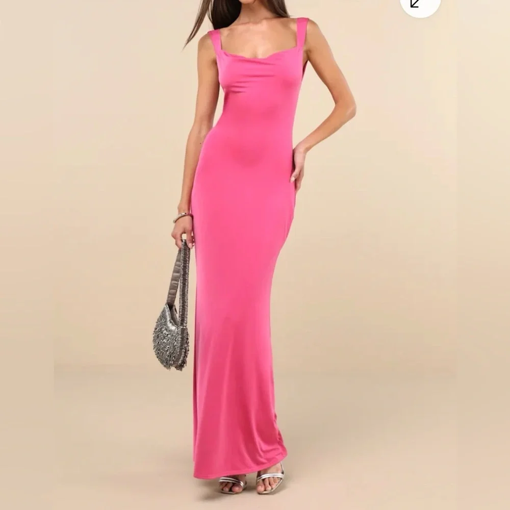 Lulu's Vibrant Fuchsia Pink Column Maxi Dress Women’s size XS - Picture 5 of 13